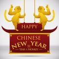 Golden Monkeys on Traditional Chinese Roof and New Year Greeting Message, Vector Illustration