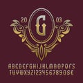 Golden monogram template in splendid floral wreath with vintage stylized alphabet with numbers