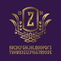 Golden monogram template in splendid wreath frame with artistic alphabet with numbers