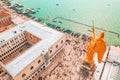 Golden monument at the St Mark Square in Venice with the amazing aerial view of the city Royalty Free Stock Photo