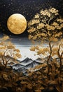 Golden Moon over the mountains and golden trees at night.