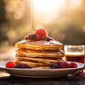 Golden Morning Pancakes with Fresh Berries and Maple Syrup, AI Generated Royalty Free Stock Photo