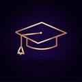 Gold mortarboard icon. Vector illustration isolated on a blue background. School topics.