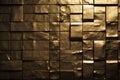 Golden mosaic background. Gold random decoration. Cubic backdrop. Geometric illustration of glossy square shapes. Architectural