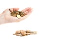 Gold coins pour out of hands on a pile of gold coins isolated on a white background Royalty Free Stock Photo