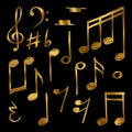 Golden music notes and signs isolated on black background Royalty Free Stock Photo