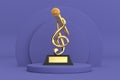 Golden Music Treble Clef with Microphone Award Trophy over Violet Very Peri Cylinders Products Stage Pedestal. 3d Rendering Royalty Free Stock Photo