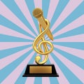 Golden Music Treble Clef with Microphone Award Trophy on a Vintage Star Shape background . 3d Rendering Royalty Free Stock Photo