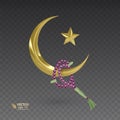 Golden, muslim month surrounded by a rosary, Realistic Prayer beads hanging on the Golden moon, vector illustration on dark