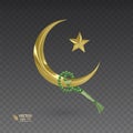 Golden, muslim month surrounded by a rosary, Realistic Prayer beads hanging on the Golden moon, vector illustration on dark