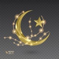 Golden, muslim month surrounded by shiny and golden stars, vector illustration on dark background
