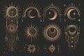 Golden mystery, witchcraft, occult, alchemy, mystical esoteric symbols. Royalty Free Stock Photo