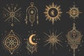 Golden mystery, witchcraft, occult, alchemy, mystical esoteric symbols. Royalty Free Stock Photo