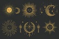 Golden mystery, witchcraft, occult, alchemy, mystical esoteric symbols. Royalty Free Stock Photo