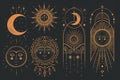 Golden mystery, witchcraft, occult, alchemy, mystical esoteric symbols.