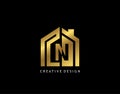 Golden N Letter Logo. Minimalist gold house shape with negative N letter, Real Estate Building Icon Design