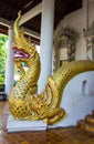 Golden naga statue on the stairs