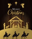 Golden Nativity scene with Holy family and Merry Christmas calligraphy on wooden texture