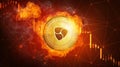 Golden NEM coin falling in fire flame. Royalty Free Stock Photo