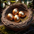 Golden nest egg, golden eggs in birds nest