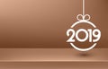 Golden 2019 New Year background with abstract Christmas ball.