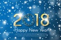 Golden New Year 2018 concept on blue snow blurry background. Vector greeting card illustration Royalty Free Stock Photo