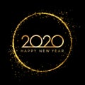 2020 golden New Year in golden sparkling ring with dust glitter on dark background, Happy New Year decorative shiny design