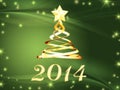 Golden new year 2014 and hristmas tree with stars Royalty Free Stock Photo