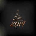 2019 golden New Year sign with golden glitter on black background. Vector New Year illustration. Royalty Free Stock Photo