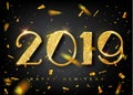 2019 golden New Year sign with golden glitter on black background. Vector New Year illustration. Happy New Year Banner Royalty Free Stock Photo
