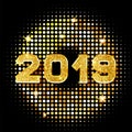 2019 golden New Year sign with golden glitter on black background. Vector Happy New Year 2019- gold disco lights frame. Royalty Free Stock Photo