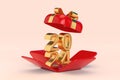 Golden 2024 New Year Xmas Sign in Opened Red Gift Box with Golden Ribbon. 3d Rendering