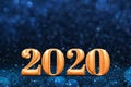 2020 golden new years 3d rendering at abstract sparkling dark blue glitter perspective background studio.luxury holiday backdrop.
