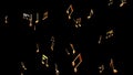 3d animation of golden notes on a black background.