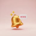 Golden Notification Bell with Speech Bubble and Stars on Pink Background alert message Royalty Free Stock Photo