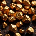 Golden nuggets on dark background, raw precious gold Royalty Free Stock Photo