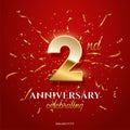 2 golden number and Anniversary Celebrating text with golden serpentine and confetti on red background. Vector second