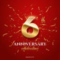 6 golden number and Anniversary Celebrating text with golden serpentine and confetti on red background. Vector sixth