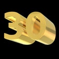 Golden number 30. Arabic numbers in isometric view. 3d render Royalty Free Stock Photo