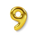 Golden Number Balloon 9 Nine. Vector realistic 3d character