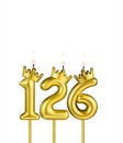 Golden number 126 birthday candle on white background Royalty Free Stock Photo
