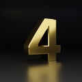 Golden number 4. 3D render shiny metal font isolated on black background