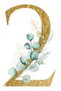 Golden number 2 decorated with green Watercolor eucalyptus branches isolated