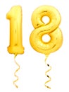 Golden number 18 eighteen made of inflatable balloon with ribbon isolated on white Royalty Free Stock Photo