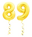 Golden number eighty nine 89 made of inflatable balloon with ribbon on white Royalty Free Stock Photo