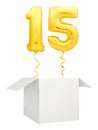 Golden number fifteen balloon flying out of blank white box isolated on white background