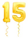 Golden number 15 fifteen made of inflatable balloon with ribbon isolated on white Royalty Free Stock Photo