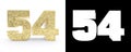 Golden number fifty four number 54 on white background with drop shadow and alpha channel. 3D illustration
