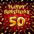 Golden number fifty years metallic balloon. Happy Birthday message made of golden inflatable balloon. 50 number etters on red