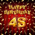 Golden number forty eight metallic balloon. Happy Birthday message made of golden inflatable balloon. 48 number etters on red Royalty Free Stock Photo